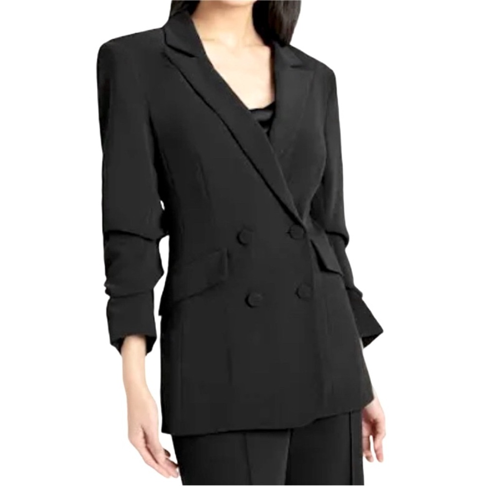 NWT Cinq a Sept Black Kris Double Breasted Ruched Sleeve Crepe Blazer - Sz 4